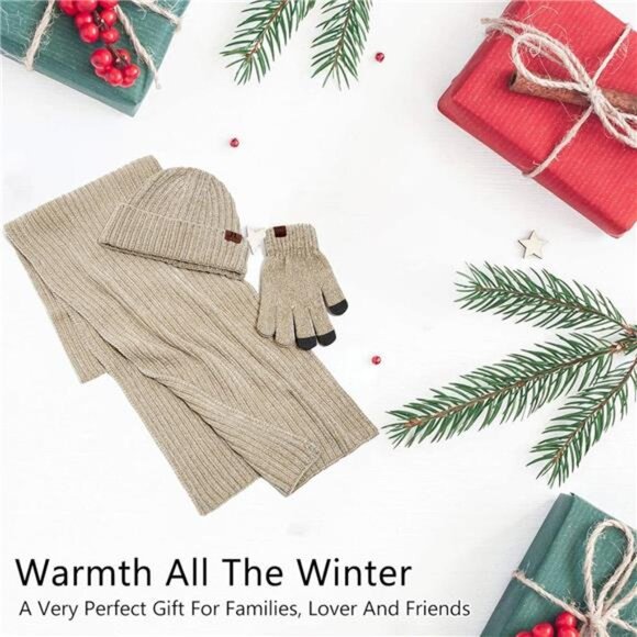 Women's Winter Knit Beanie, Scarf & Touchscreen Gloves Set- Unisex Warmth, Beige - Picture 6 of 7